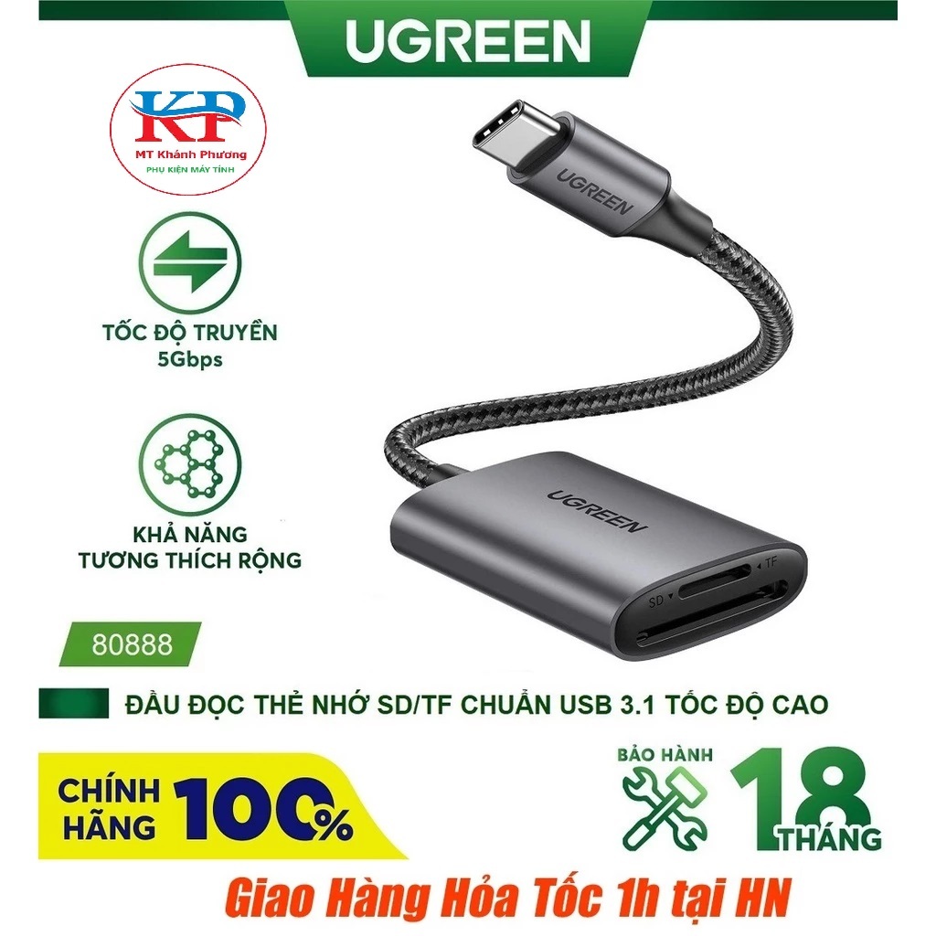 Đầu đọc thẻ nhớ SD/TF chuẩn USB 3.1 Type C tốc độ cực cao Ugreen 80888 vỏ nhôm cao cấp