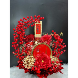 set đào đông đỏ, vàng trang trí tết 2025 đồng xu may mắn, mành nhỏ