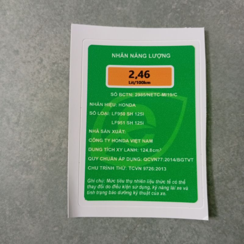 Tem( nhãn) năng lượng honda Sh 125i