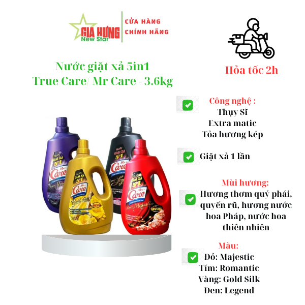 Nước giặt xả 5IN1 Mr Care/True Care 3.6kg; 4 mùi hương Majestic, Legend, Romantic, Goldsilk...