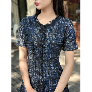 Indigo Round Tweed Dress - Devons Studio