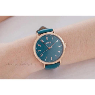 Đồng hồ Julius nữ Ja-1017 Mặt size 3,8cm dây da (Xanh viền đồng)