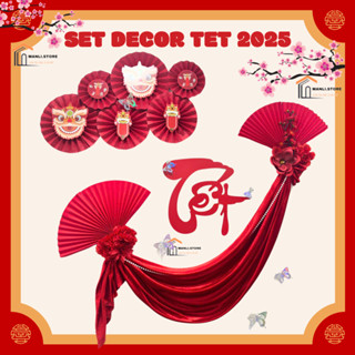 Set Chữ Tết Vải Nhung Đỏ Kèm Hoa Quạt Trang Trí 2025 Size Cỡ Lớn. Combo Chữ Tết Alu Đỏ Decor Treo Dán Mành Dèm Cửa Kính