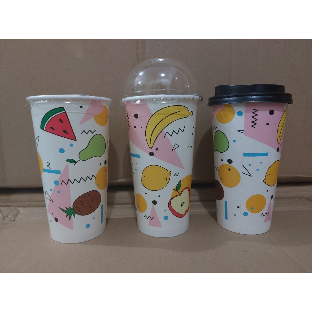 Ly giấy 22oz - 650ml mẫu Trái Cây, Set 100-300 cái kèm nắp
