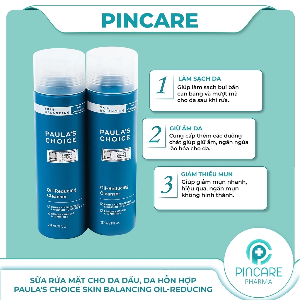 Sữa rửa mặt cho da dầu, da tổng hợp Paula's Choice Skin Balancing Oil Reducing Cleanser 237ml - Hàng chính hãng-PinCare