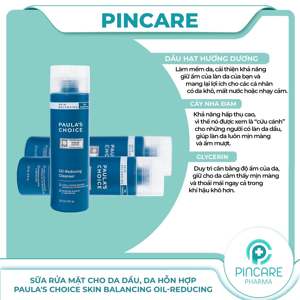 Sữa rửa mặt cho da dầu, da tổng hợp Paula's Choice Skin Balancing Oil Reducing Cleanser 237ml - Hàng chính hãng-PinCare