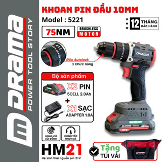 Máy khoan pin DRAMA 5221 Flex, 3 Chức Năng, đầu kẹp 10mm Không Chổi Than, Có KHOÁ TRỤC