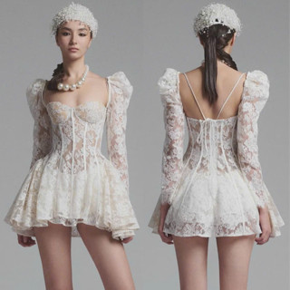 Váy Ren Trắng Cổ Vuông Tay Bồng Bánh Bèo Dáng Xòe MELLYSTORE Chất Liệu Ren Cao Cấp Đẹp Quyến Rũ ,Sang Trọng