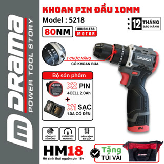 Máy khoan pin DRAMA 5218 FLEX, đầu kẹp 10mm, 3 Chức Năng có búa, Không Chổi Than, Có KHOÁ TRỤC, Tặng túi vải