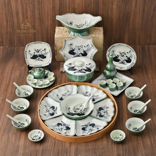  Bộ bát đĩa hoa mặt trời gốm sứ Bát Tràng cao cấp bộ bát dĩa thờ cúng vẽ hoa thủ công truyền thống 