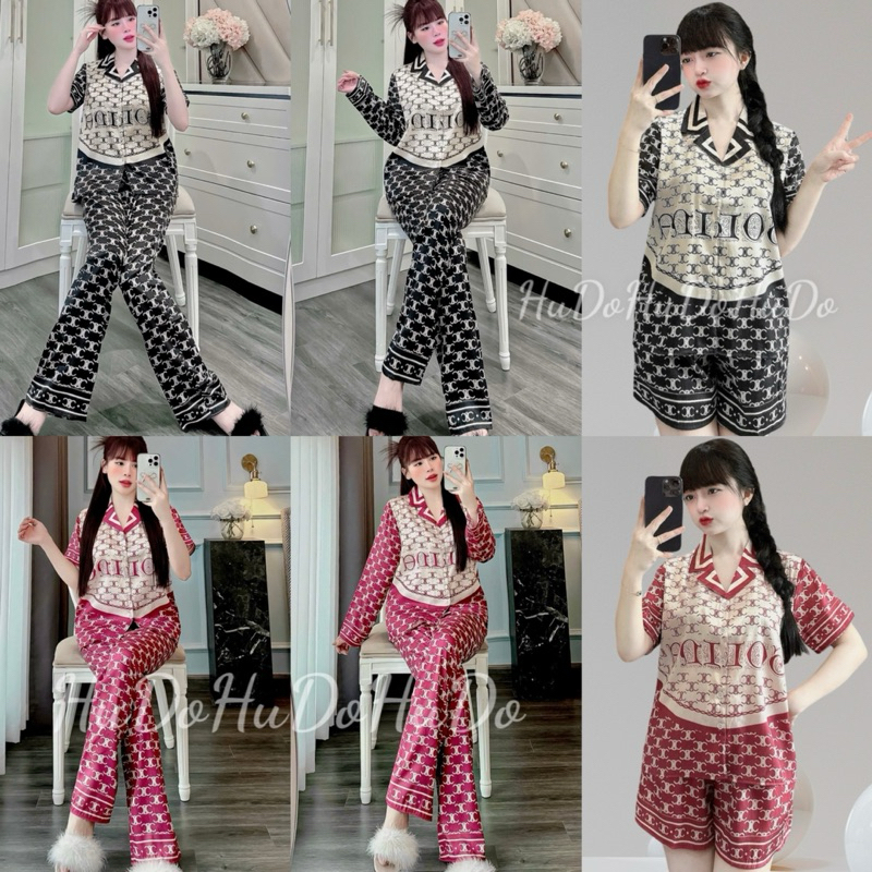 Bộ Đồ Pijama Lụa Xước Ánh Kim Chữ Phối Hoạ Tiết Sang Đẹp Mặc Nhà Cho Nữ HuDo Mềm Đẹp Đủ Ba Dáng Tay 