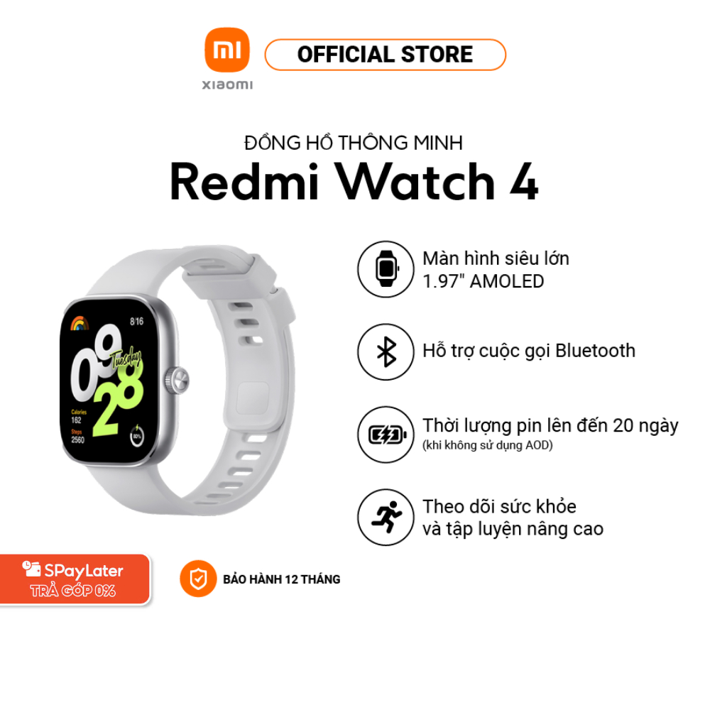 Đồng hồ thông minh Redmi Watch 4 | Màn hình AMOLED 1.97" | Nghe gọi Bluetooth | Thời lượng pin 20 ngày | 5ATM | GPS