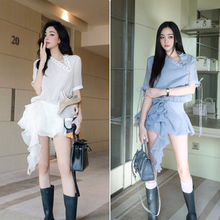 Set áo thiết kế cổ chéo đan dây, Chân váy ngắn tùng xòe hoa tua rua sang chảnh Hb.closet S239