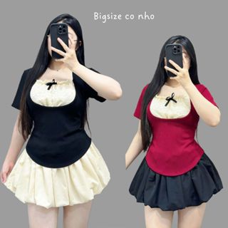Set bộ Bigsize Nữ tiểu thư áo kiểu ngắn phối ren nơ chân váy bí bồng ngắn có bảo hộ sang chảnh 58-95kg - SET948