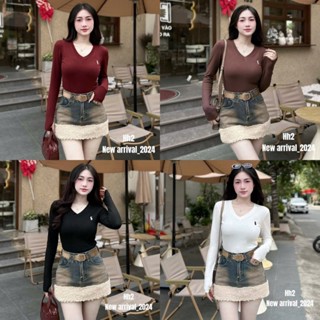 Áo Thun Nữ Giữ Nhiệt Cổ Tim Dài Tay Co Giãn Ôm Dáng, Thun Borip Cotton Sỏ Ngón Thêu Ngựa