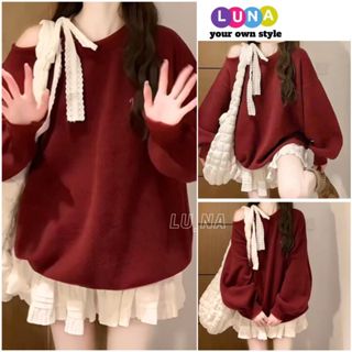 Set váy tiểu thư áo nỉ buộc nơ vai form rộng ulzzang kèm chân váy bánh bèo - LUNA 