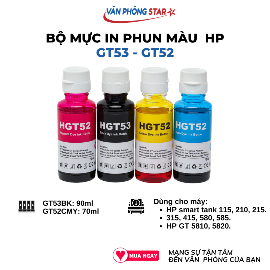 Bộ mực in phun HP GT53, GT52 dành cho máy in HP GT 5810/ 5820/ Tank 210, 215, 315, 415, 580, 585