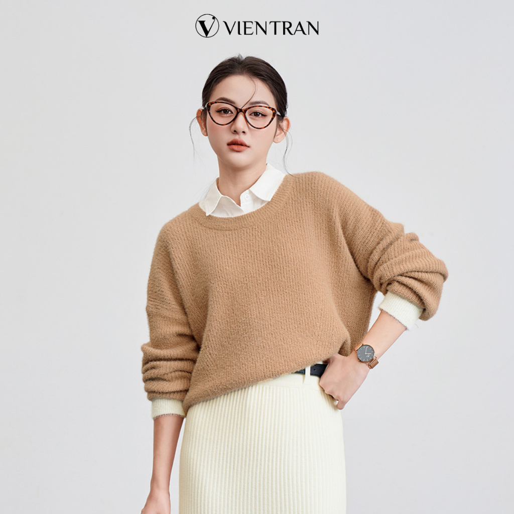 Áo Len Nữ Cổ Tròn Tay Dài Bo Phối Gấu VIEN TRAN V61W24T006