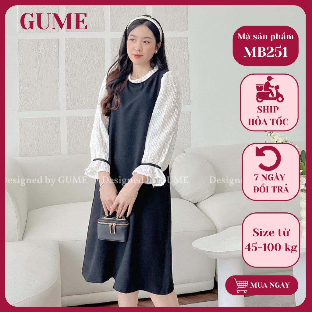  Váy bầu thu đông Đầm bầu công sở GuMe màu đen phối tay trắng cổ trắng bèo nhẹ nhàng MB251 