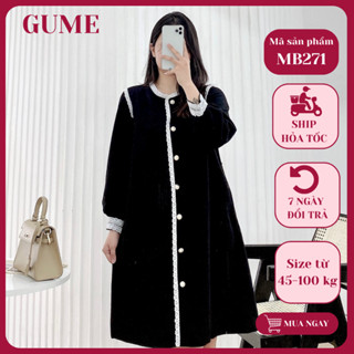  Váy bầu bigsize - Đầm bầu thiết kế GuMe màu ĐEN SUÔNG vải tuyết mưa cao cấp phối ren đính cúc ngọc MB271 