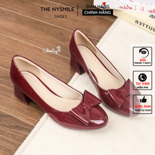 Giày cao gót mũi tròn nơ 5p da bóng,  cao gót công sở , giày đi làm , giày đỏ- THENYSMILE - LEYLA