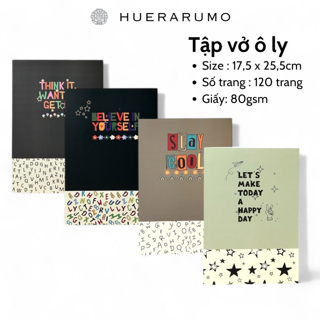 Vở ô ly B5 120 trang HUERARUMO, gáy khâu chỉ bước dài dấu ngoài, giấy cao cấp định lượng 80gsm, in o