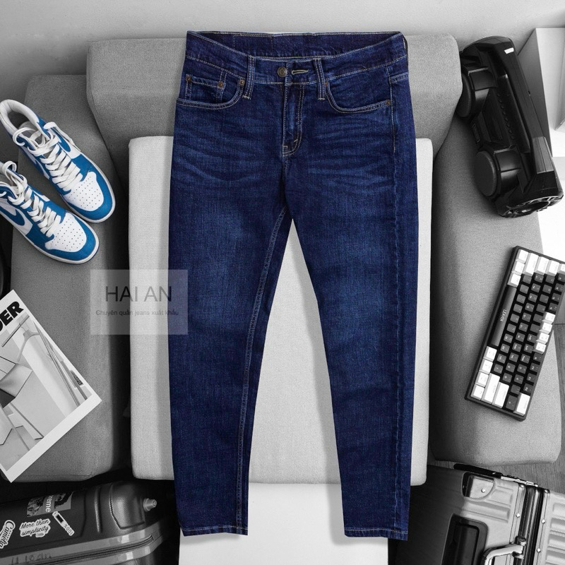 Quần jean nam ống đứng- jean co giản- xanh đậm Hải An Jeans