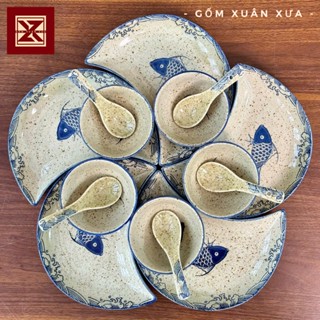  Bộ đĩa mặt trăng men tiêu cao cấp bộ bát đĩa cúng bộ chén dĩa,Bộ bát đĩa sứ decor Bộ bát đĩa hoa mặt trời 