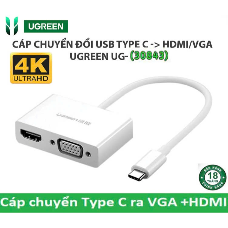 Cáp Chuyển USB C to HDMI + VGA Ugreen 30843 MM123 (USB C to HDMI 4K@30Hz + VGA,đầu mạ Vàng)