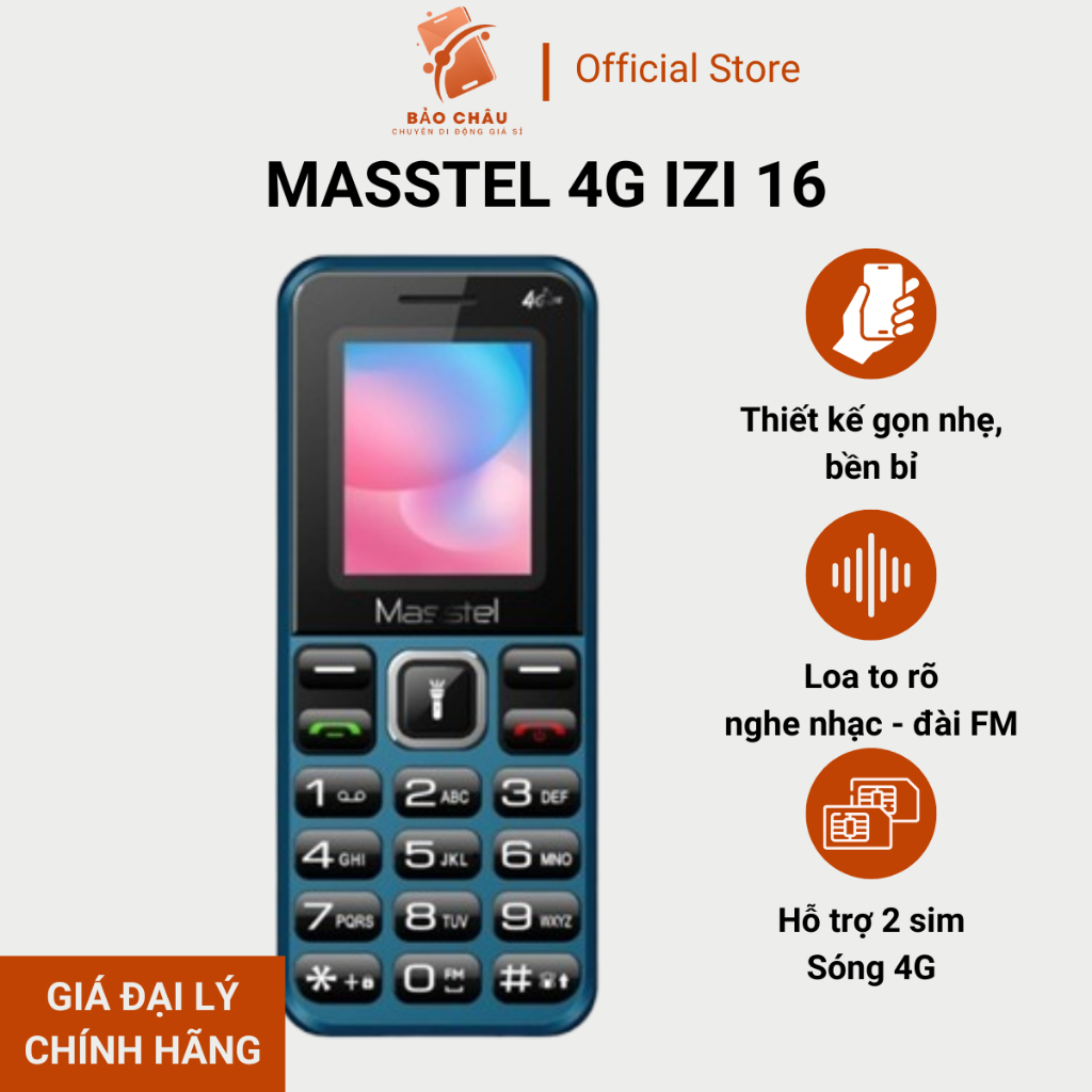 Điện thoại Masstel 4G Izi 16 - Giá đại lý, 2 sim sóng 4G, Thiết kế gọn nhẹ, bền, loa to -BH 12 tháng