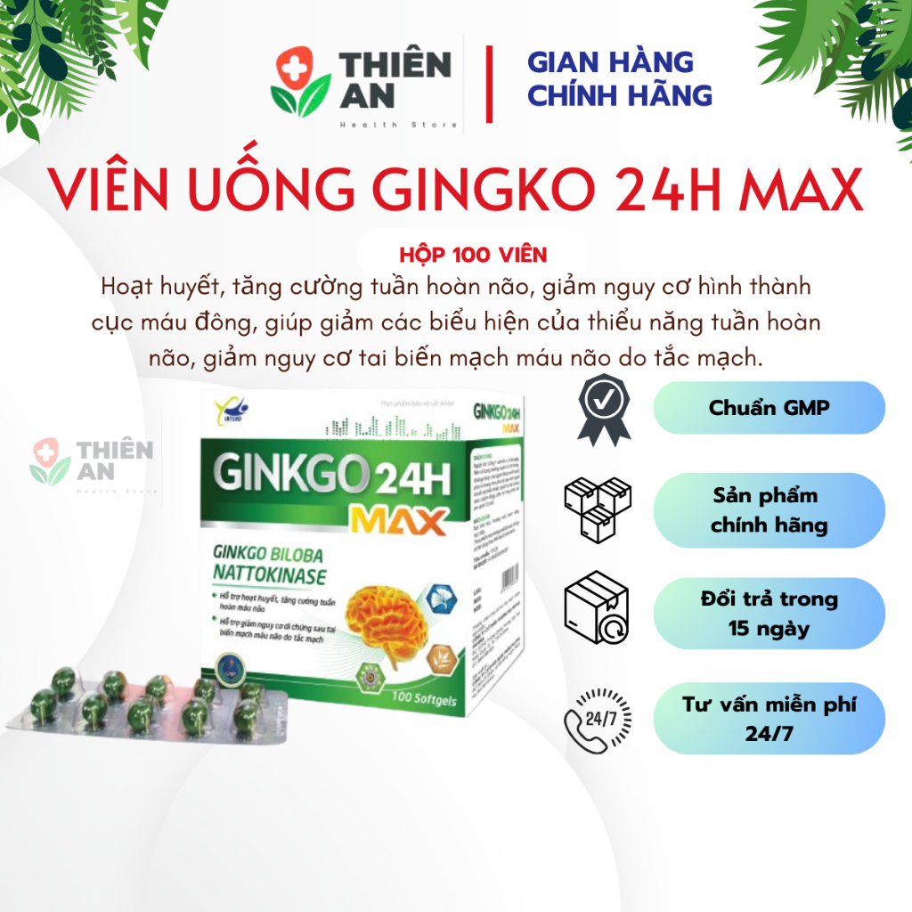 (CHÍNH HÃNG) GINKO 24H MAX Hoạt huyết, tăng cường tuần hoàn não giảm nguy cơ hình thành cục máu đông