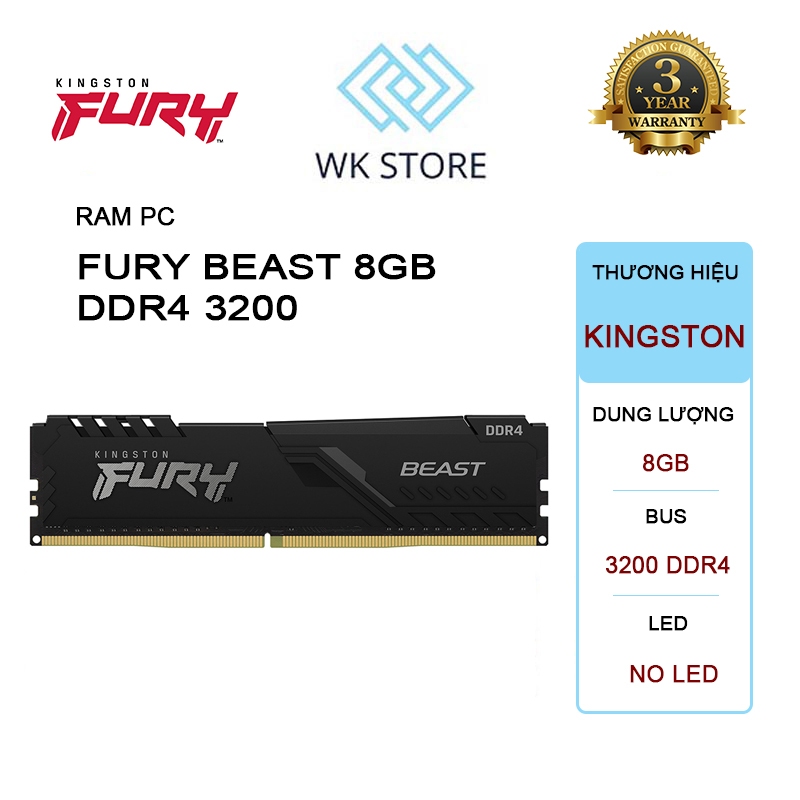 Ram PC Kingston Fury Beast 8GB | DDR4 | 3200Mhz | 1x 8GB | KF432C16BB/8 | Bảo hành 36 Tháng