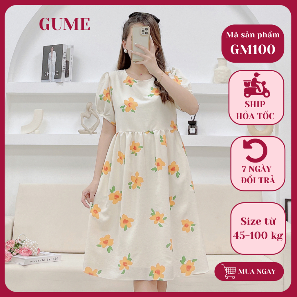 Váy bầu bigsize 40-100kg - Đầm bầu thiết kế GuMe dáng babydoll hoa cam vải đũi Hàn  GM100