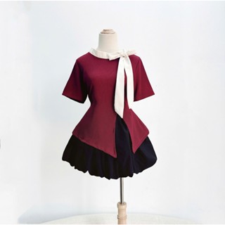  Set váy tiểu thư bigsize nữ áo tay ngắn cổ thắt nơ tà xẻ kèm chân váy bí chất lụa xoa thời trang mặc sang SET935 