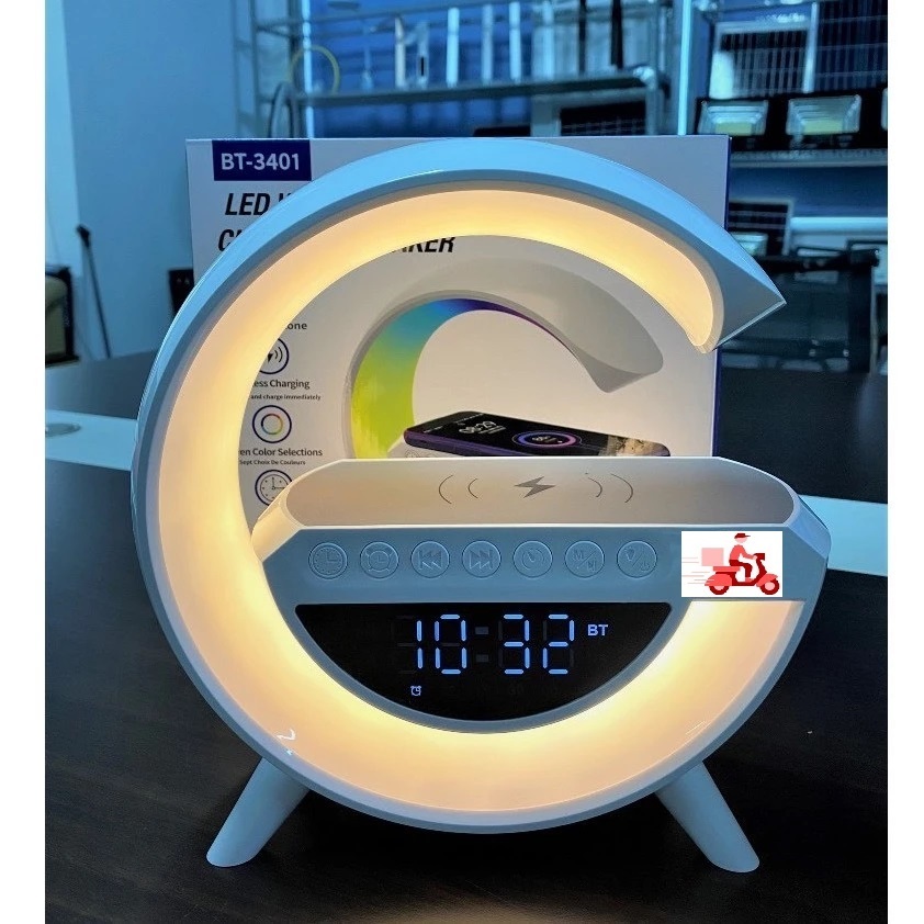 Loa Nghe Nhạc Kết Nối BLuetooth Chữ G BT3401 Có Thể Sạc Không Dây Làm Đèn Ngủ, Đồng Hồ Hiển Thị Cực 