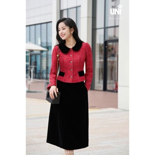 Set Áo Vest Dạ Tweed Và Chân Váy Nhung Chữ A Nữ UNIVTH Công Sở Cổ Sen Dài Tay Cao Cấp 6UVB0904 - DO0 - 6UCAB314 - DE0