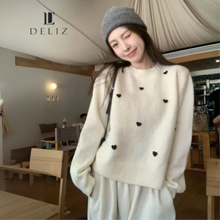Áo len trắng cổ tròn phối trái tim basic, áo len nữ dài tay nhiều màu pastel hàn quốc Deliz