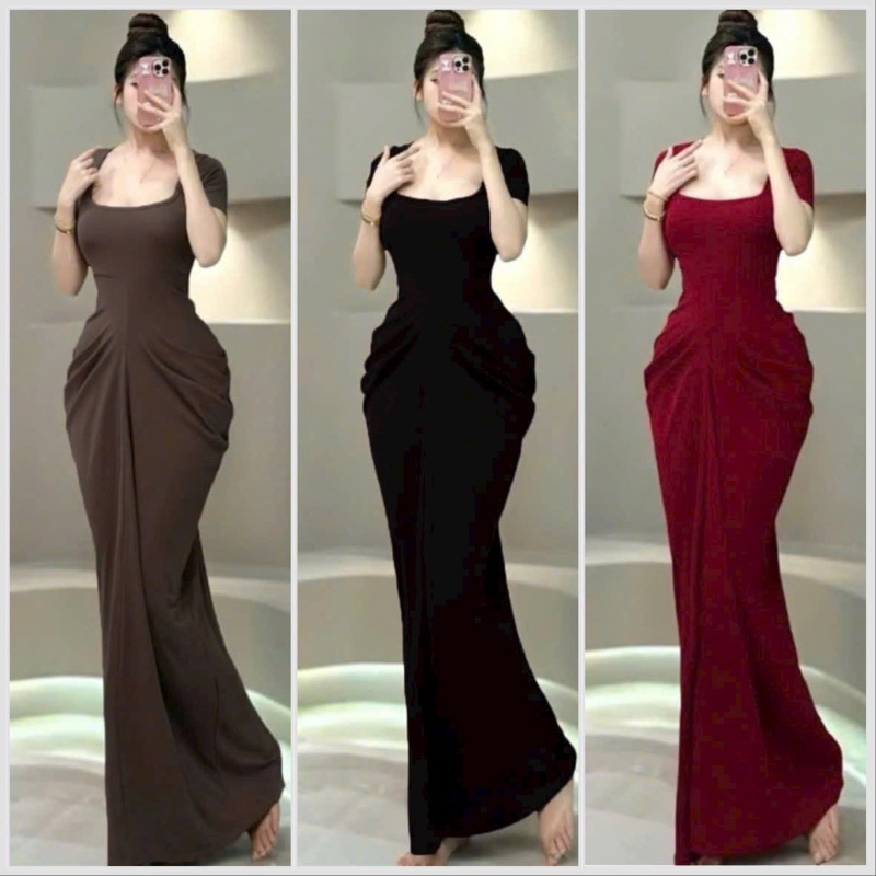 D222 Đầm body cổ vuông tay ngắn form suông dài kiểu nhún eo