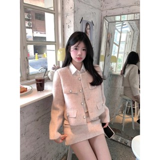 [Sẵn] Set Đồ Nữ Kiểu Áo Khoác Dạ Mùa Đông Dáng Ngắn Cổ Tròn Chân Váy Chữ A Công Sở Bigsize Quảng Châu Cao Cấp Nữ SD703