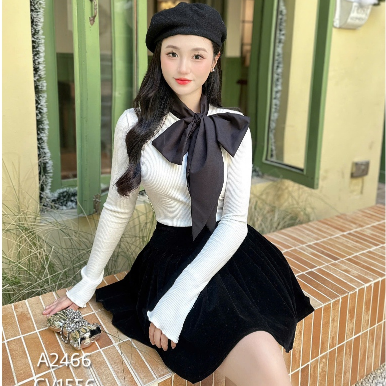 Áo len nữ phối dây nơ cổ style hàn quốc A2466 Kymie