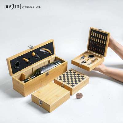 Bộ dụng cụ mở nắp chai rượu vang ONGTRE bằng tre tiện dụng, khắc tên làm quà tặng cho công ty doanh nghiệp