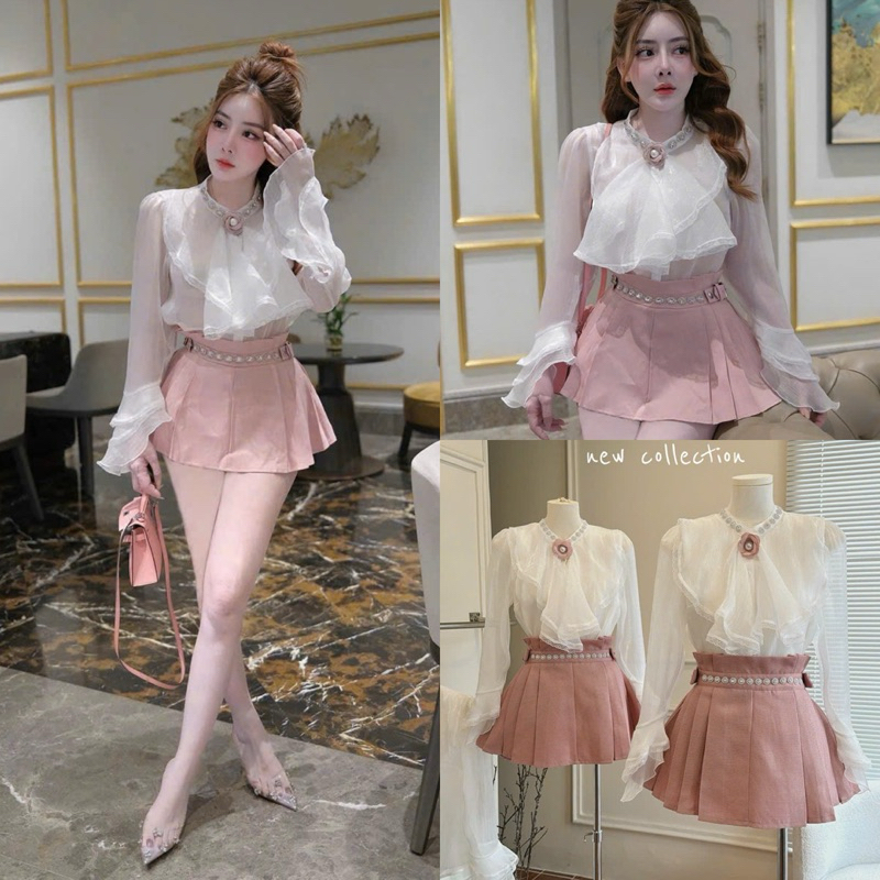 Set áo sơmi cam + short Váy
