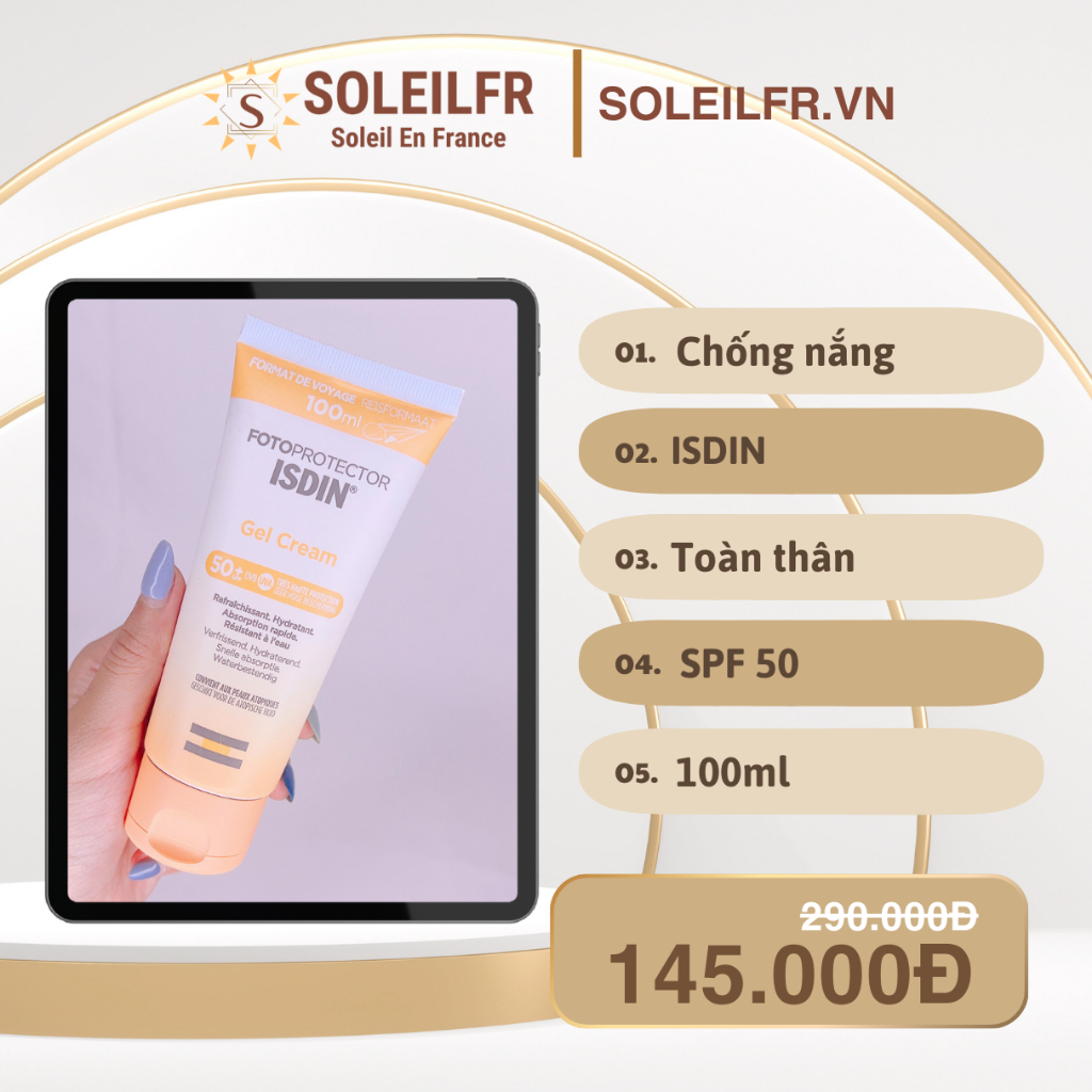 Chống nắng body Fotoprotector ISDIN Gel Cream SPF 50+ 100ml