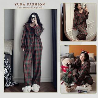  Đồ ngủ nữ sét đồ nữ mặc nhà họa tiết kẻ sọc caro xanh đỏ đậm chất thô dài tay thu đông Yukafashion HCOM3537 