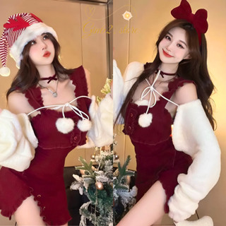 Set váy nữ - Áo khoác lông thỏ croptop mix với váy suông viền bèo xẻ đùi ngọt ngào cho ngày noel hay tết Gin62 G173