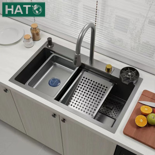 Chậu Rửa Bát 1 Hố HATO Inox 304 Có Vòi Rút Thác Nước, Bồn Rửa Chén 1 Ngăn Lớn Gồm Thớt, Nước Ngang, Khay Rửa, Xiphong