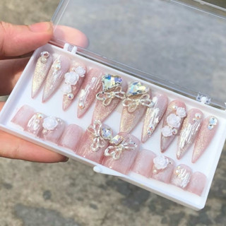 [A1 combo TAY + Chân HÀNG THIẾT KẾ] Nail box - Móng tay giả thiết kế , màu thạch hồng mắt mèo , đính đá, form nhọn
