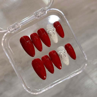Nailbox- bộ 10 móng giả thiết kế màu đỏ điểm nhất ngón nhũ flash đính nơ tặng kèm dũa và keo đủ size (xs,s,m,l)