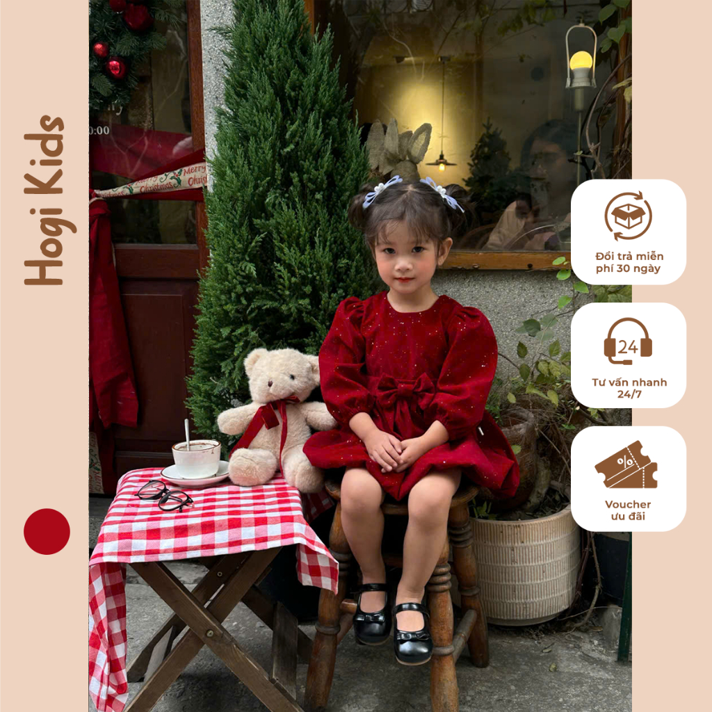 [ Hogi Kids] Váy Noel Luci Tay Bồng Nhung Nhũ Đính Nơ Cho Bé Gái