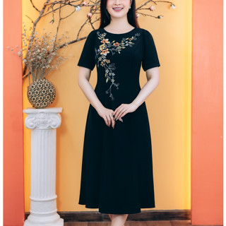 Đầm xòe 8 mảnh - Cổ tròn tay ngắn vẽ hoa kết cườm - Đen vẽ hoa - TTV Store thời trang nữ TTV1775
